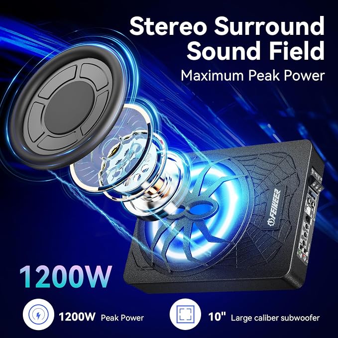 Feikeer 10"1200W UnderSeat Subwoofer, Powered Subwoofer Car Audio with Multicolor LED Lighting, Deep Bass Enhancement.Under Seat Subwoofers with Amp for a Dynamic Driving Experience with Bass Melodies