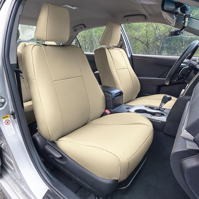 FH Group Custom Fit Seat Covers Specifically Made for 2012-2017 Toyota Camry LE | SE | XSE | XLE - Faux Leather, Waterproof Car Seat Cover, Front Set Solid Beige