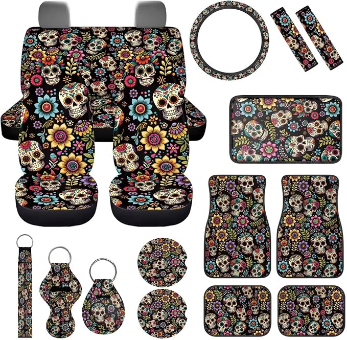 Skull Flower Car Seat Covers Full Set with Front and Split Rear Bench 17 Pack Skull Hippie Flower Car Accessories Set with Car Floor Mats Seat Belt Cover Steering Wheel Covers,Universal Fit