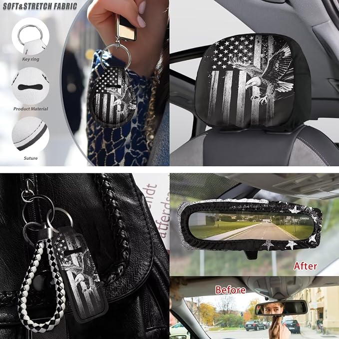American Flag Car Seat Cover Full Set Eagle Printed Auto Steering Wheel Cover Seat Belt Protector Armrest Pad Auto Rear View Mirror Protector Set of 15, Car Accessories Set, Grey