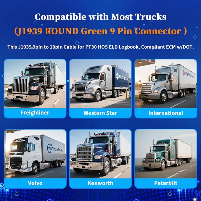 J1939 9 Pin Green to 10 Pin Diagnostic Cable,Compliant ECM w/DOT, Compatible with PT30 ELD Logbook for Freightliner, Kenworth, Peterbilt,Westernstar Trucks,Work with ELD Devices for Truckers