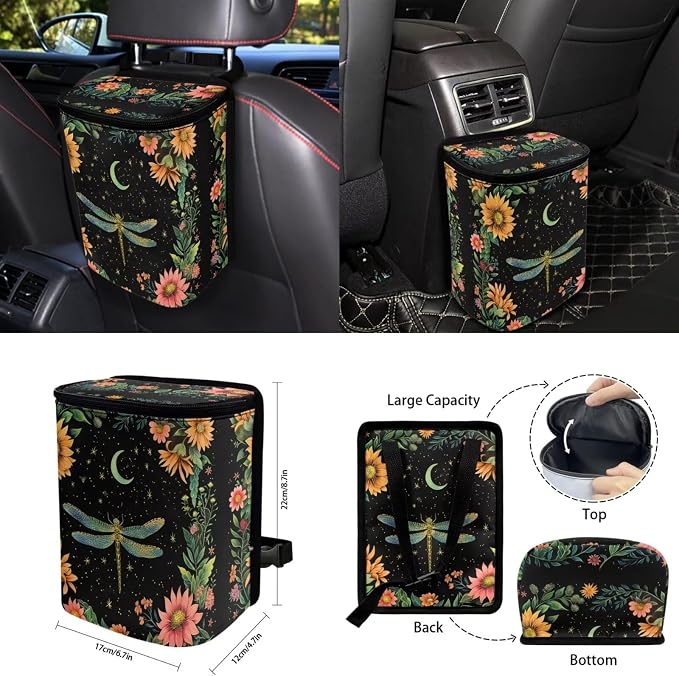 15 Pcs Moon Floral Dragonfly Car Seat Cover Full Set for Women with Car Steering Wheel Cover Seat Belt Cover Trash Bin Front Rear View Mirror Car Cup Holder Keychain