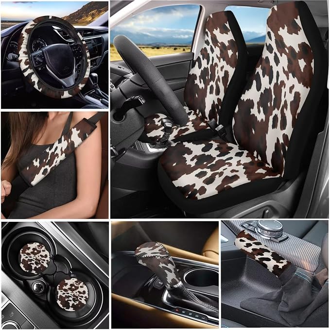 Tupalatus Brown Cow Print 9 Pieces Universal Car Accessories Set Front Car Seat Covers Steering Wheel Cover Auto Seat Belt Cover Coasters Gear Shift Cover Hand Brake Cover