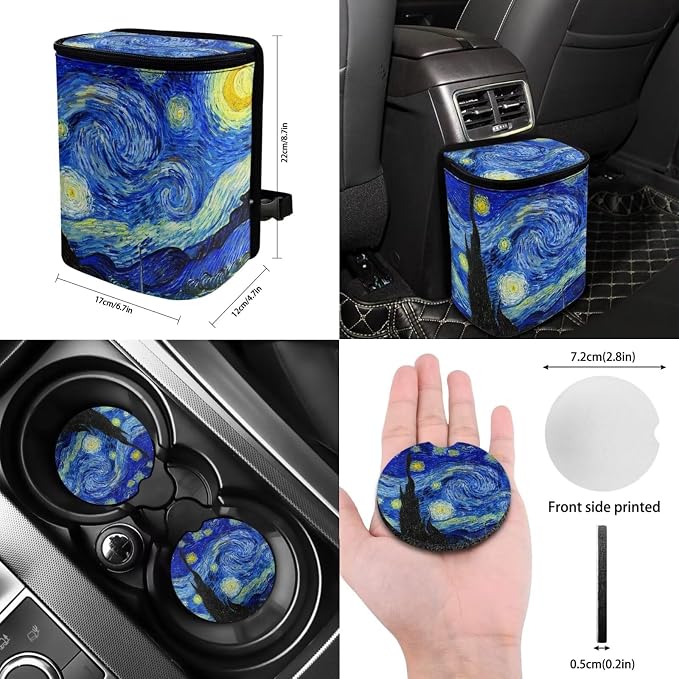 Suobstales Starry Night Print Car Accessories Car Seats Cover Protector, Steering Wheel Covers, Seatbelt Cover, Car Trash Can, Cup Coasters, Rearview Mirror Cover, Keychains, Pack of 13