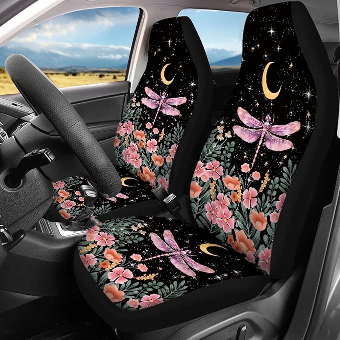 JEOCODY Dragonfly Car Seat Cover Protector Front & Rear Seat Cover Full Set 11-pcs with Steering Wheel Cover + Seatbelt Strap Cover+ Auto Cup Coasters+ Key Chains Universal Fit