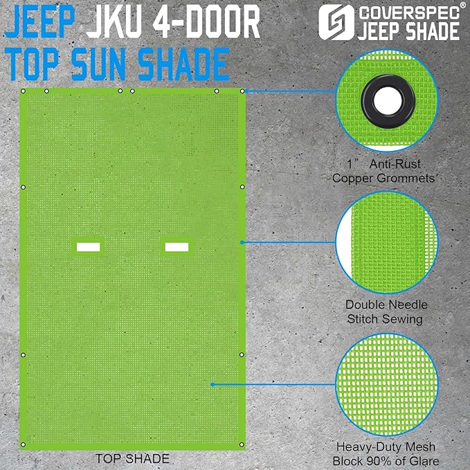 JK Sun Shade Top Compatible with Jeep Wrangler 4 Door 2007 to 2018 Sunshade Sunroof Bikini Cover Blocks UV Wind Noise Green Mesh for Full Length
