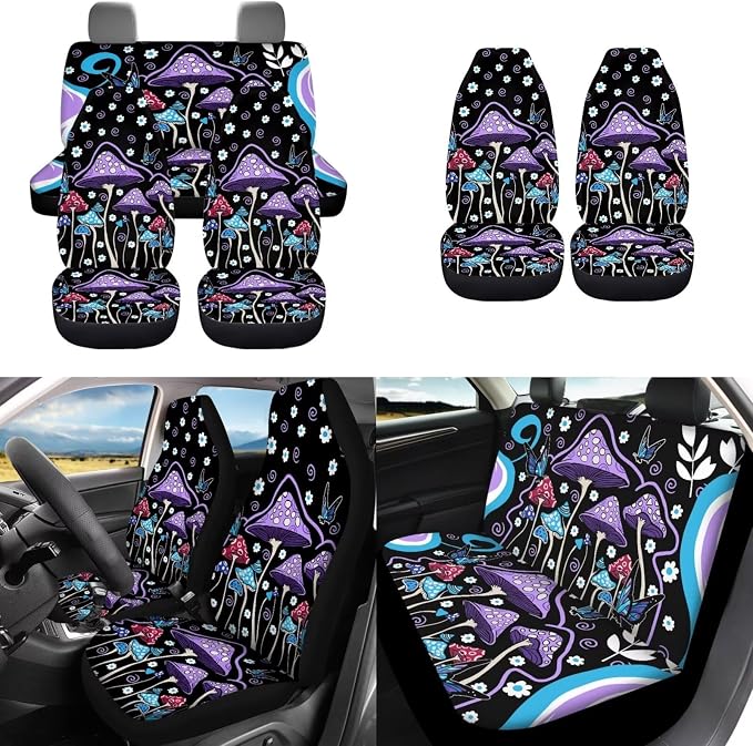 Mushroom Car Seat Covers Set of 12,70S Groovy Flower Butterfly Mushrooms Auto Seat Accessories Interior Set Non Slip 15 Inch Trippy Mushroom Cars Steering Wheel Cover,Keyring,Seatbelt Pad