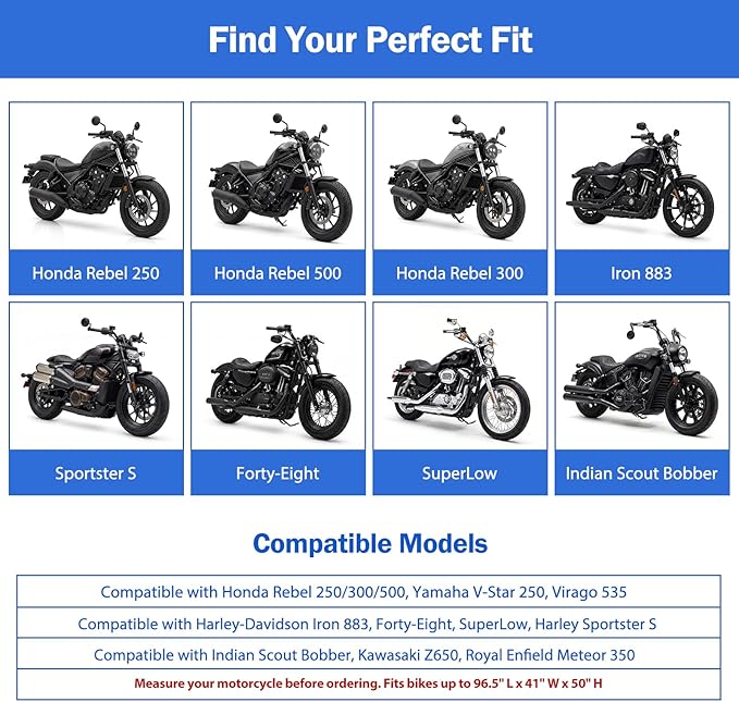 Heavy Duty Motorcycle Cover Compatible with Honda Rebel 500 300 250, Harley Davidson Iron 883,Forty-Eight,Sportster S and More - Waterproof Motorcycle Cover Outdoor Storage