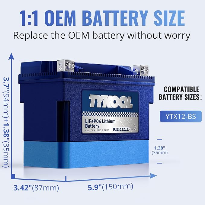 TYKOOL LFP12-BS-PRO, 360CCA, 6Ah, LiFePO4 Lithium Motorcycle Battery,Replaces YTX12-BS, Digital Readout,Fits for Honda TRX250 Recon,Suzuki LT-F250 Ozark,BRP (CAN-AM) DS250 ATV,Polaris RZR UTV
