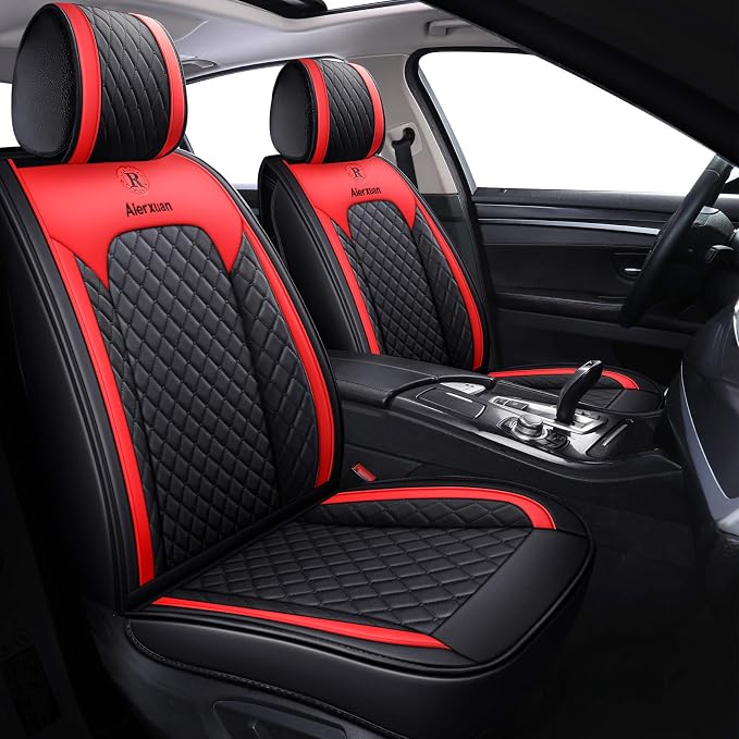 Aierxuan Front Car Seat Covers Women Leather Waterproof Universal for Rav4 Kia Sorento Pilot Hrv Ridgeline Odyssey Chr Ford Ranger Edge Chevy Equinox VW(2 PCS Front, Black-Red)