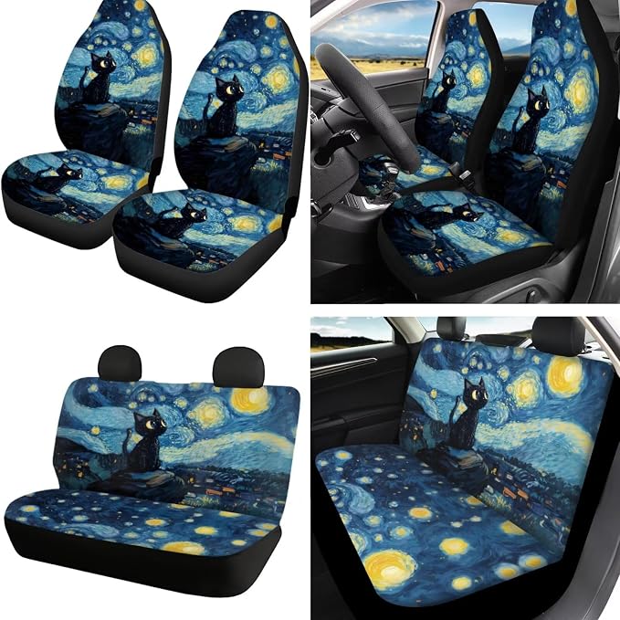 Starry Cat Print Full Set Car Seat Covers with Steering Wheel Cover Safety Belt Pads Armrest Cushion Headrest Protectors Gear Shift Knob + Handbrake Covers etc, Universal Fits
