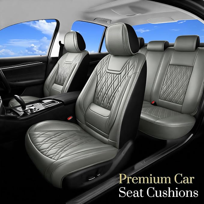 Car Seat Covers Compatible with Ford Taurus 2002-2019 - Full Set 5 Seats Luxury Leather All-Weather Seat Cushions & Protectors, Waterproof & Breathable, Airbag Compatible (Gray)