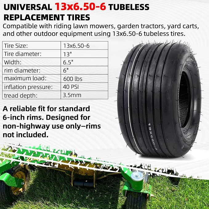 AR-PRO (2-Pack) 13x6.50-6 Tubeless Lawn Mower Tires - 4 Ply Replacement Tires for Riding Lawn Mowers, Garden Tractors, Yard Trailers & Utility Carts-Straight Rib Tread, 600 LBS Load Capacity