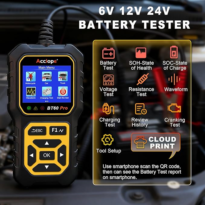 BT60 PRO Car Battery Tester 6V/12V/24V, 2–120Ah, 100–3000 CCA, AGM/Gel/Lithium, Alternator & Starter/Charging System Analyzer, QR Cloud Report (No App), Digital Analyzer