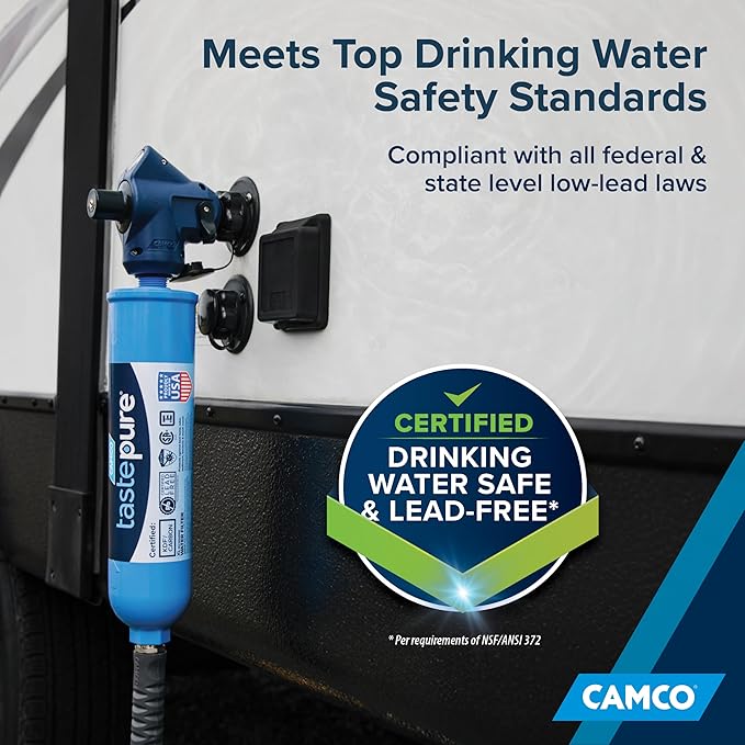 Camco Tastepure 4-in-1 Adjustable RV Water Pressure Regulator - Combines a 90° RV Hose Elbow Design, Pressure Gauge, Adjustable Regulator, & Shut-Off Valve in One RV Accessory (40065)