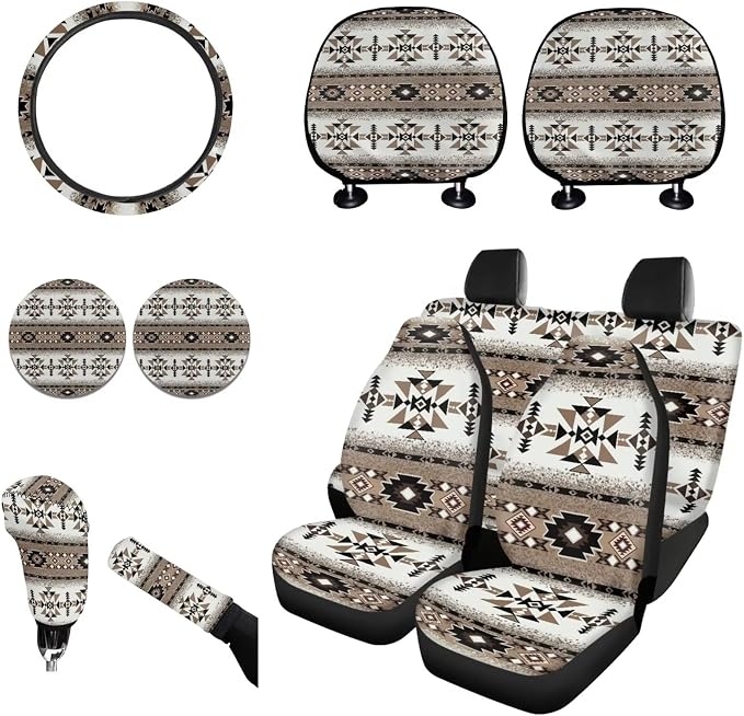 Wanyint Southwestern Aztec Brown Car Seat Cover Full Set for Women Men, with Cup Coasters Steering Wheel Protector Handbrake Gear Shift Knob Headrest Cover Auto Decor, Set of 11