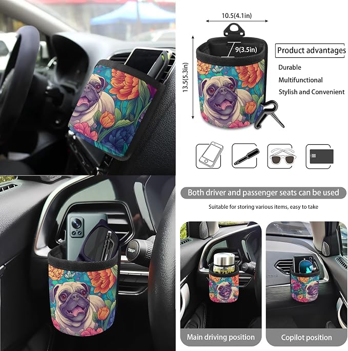 Pug Floral Print Car Accessories Full Set of 15 Car Seat Covers Steering Wheel Cover Air Vent Storage Holder Seatbelt Strap Pad Cup Coasters Rear View Mirror Cover Keychain