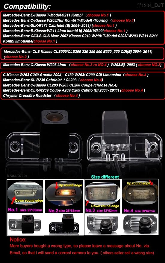 Car Backup Camera, Waterproof Rear-View License Plate Light Reverse Parking Camera for Mercedes-Benz E-Klasse E320/T-model S211/C-Klasse W203/SLK R171 Cabriolet/W211 Limo/W300/CLS Klasse C219 W219