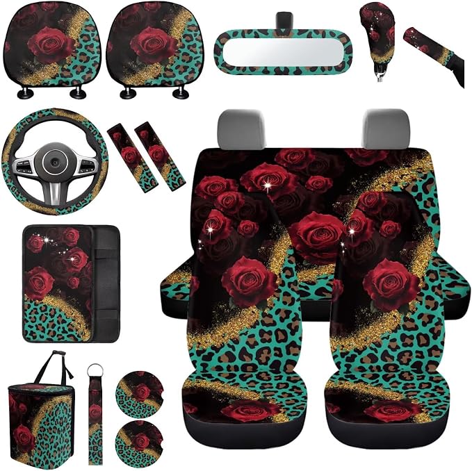 Leopard Print Car Seat Covers Full Sets with Front and Split Rear Bench,Red Rose Car Accessories Set 17 Pack,Leopard Print Vehicle Interior Set Decor with Headrest Covers,Car Seat Belt Cover