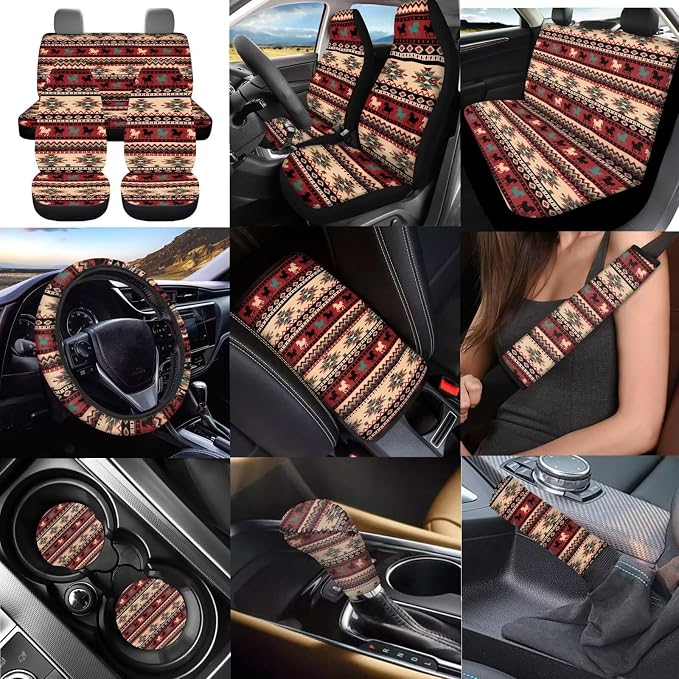 Dreaweet Car Seat Covers Full Set 12 Pcs Navajo Horse Car Accessories Decor Universal Seat Covers for Truck SUV with Steering Wheel Cover/Armrest Cover/Seatbelt Covers/Cup Coasters/Gear Shift Cover