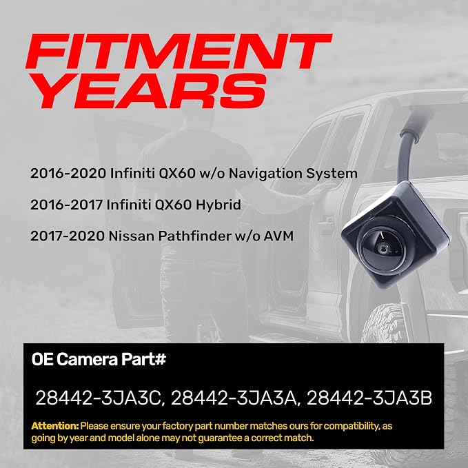 Master Tailgaters Replacement for Infiniti QX60 w/o Navigation (16-20), QX60 Hybrid (16-17) / Nissan Pathfinder w/o AVM (17-20) Backup Camera OE Part # 28442-3JA3C, 28442-3JA3A, 28442-3JA3B