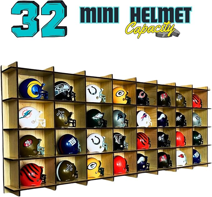 32 / 6 Color Mini Helmet Display Case,Mini Football Helmets,Football Helmet Display Case,Mini Football Helmet Organizer (Maple)