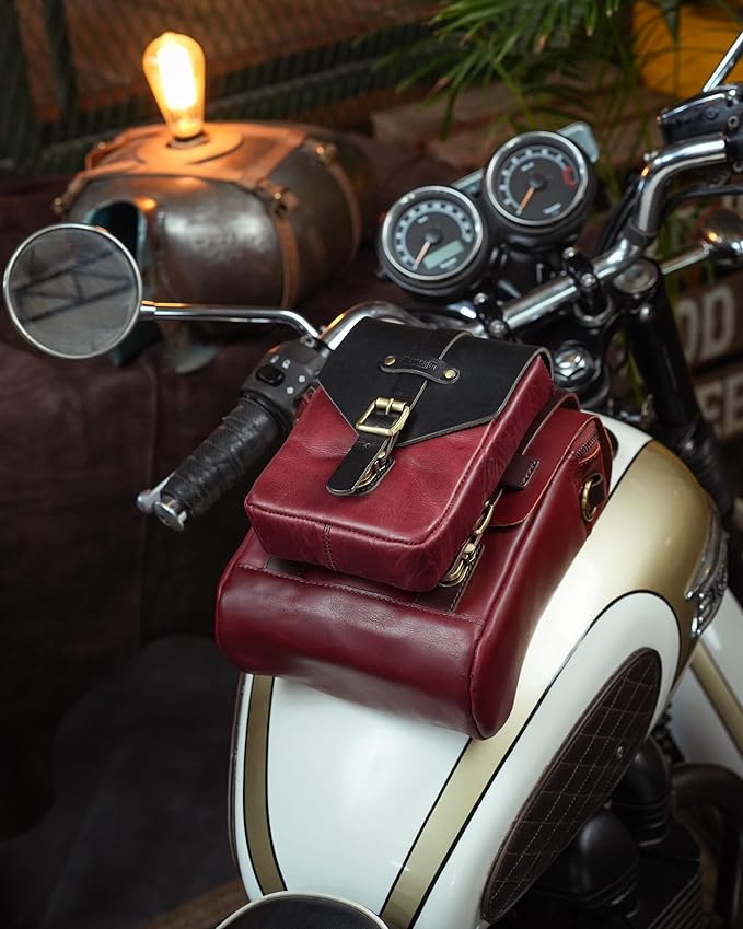 Trip Machine Company Genuine Leather Motorcycle Magnetic Fuel Tank & Tail Pillion Seat Mount Bag with Shoulder Strap and Rain Cover (Cherry Red)