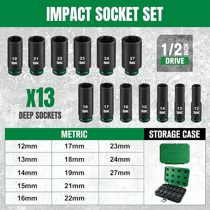 SK 1/2" Drive Impact Socket Set, Deep Metric Sockets, 13-Piece 12-27mm, Premium CR-MO Steel, SureGrip 6 Point Design, With Storage Case
