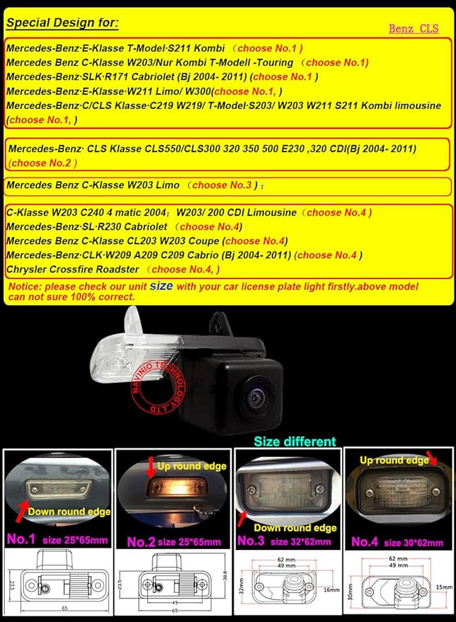 Waterproof Backup Camera Color Car Rear View Camera 170 Degree Viewing Angle License Plate with Night Vision for Mercedes C E CLS class W203 W211 W219 W209 (No. 4 size 30*62mm Up round Edge)