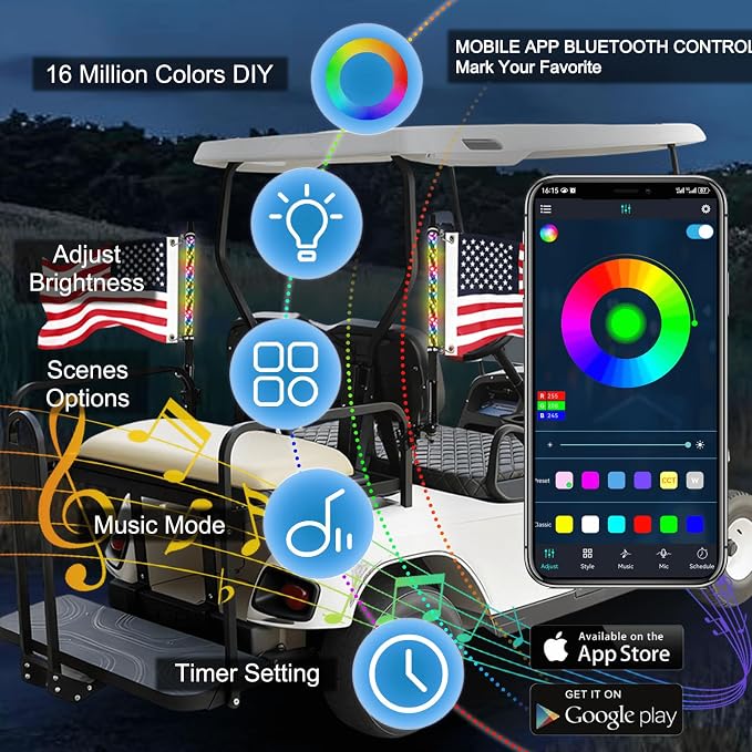 2 Pack 2FT Golf Cart Flag Pole Whip Lights, Only Fit 1.0" Square Rail, LED Light Bluetooth App & Remote Control, Lighted with Turn Reverse Brake Signal for 36V/48V/72V (Included DC Converter)