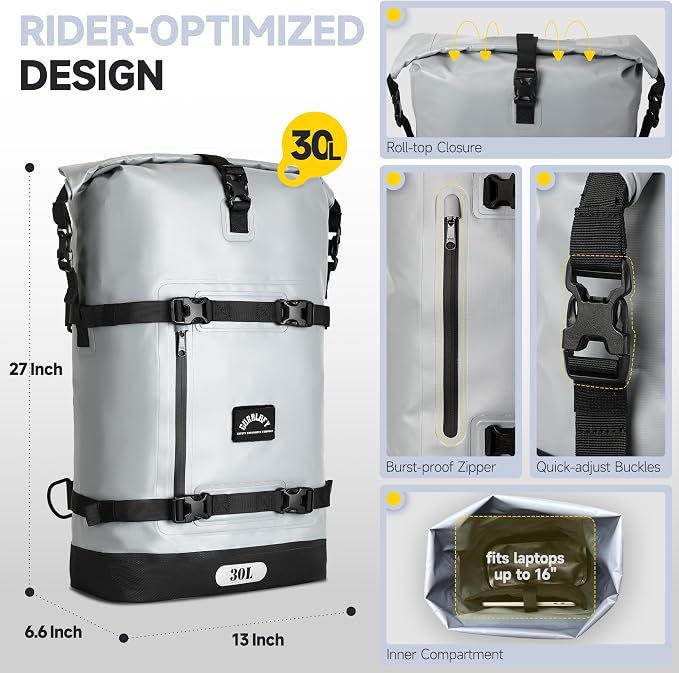 Motorcycle Tail Bag, 30L Waterproof Motorcycle Luggage Bag | 2 Size and 3 Color Options Saddle Bag, PVC Travel Bag, Rear Seat Bag, Stone Grey GT-30GRY