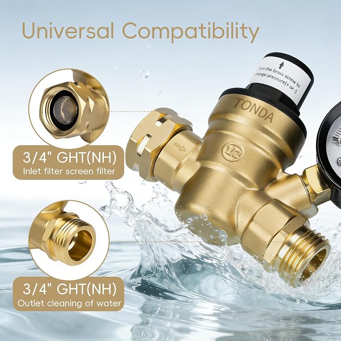 TONDA RV Water Pressure Regulator, Brass Lead-Free Adjustable Pressure Regulator with Gauge and Inlet Screen Filter for RV Camper Travel Trailer Water Hose