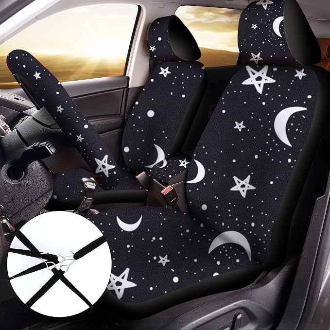 Tallew 26 Pieces Skeleton Cat Moon and Stars Car Seat Cover Full Set for Women Men Rubber Steering Wheel Cover License Plate Frame Mirror Covers Moon and Stars Car Accessories for SUV Truck(Moon)