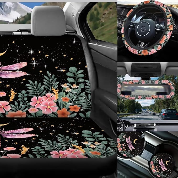 17 Pack Dragonfly Car Seat Covers Full Sets for Women,Starry Sky Dragonfly Car Interior Aaccessories with Pink Head Rest Covers,Steering Wheel Cover,Seat Belt Cover Pad,Armrest Pad,Cup Mats