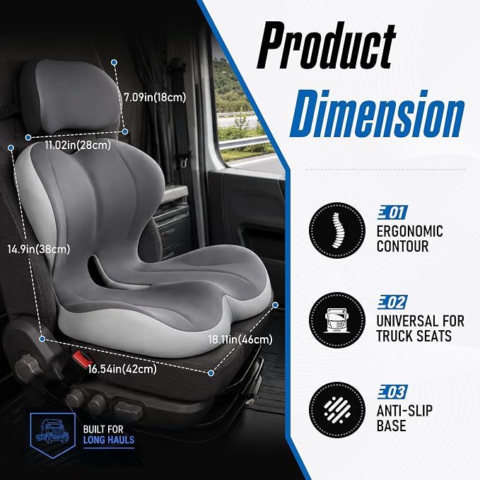 Truck Seat Cushion and Headrest Set for Long Driving - Memory Foam Car Seat Driver Cushion for Tailbone, Back & Sciatica Pain Relief, Ergonomic Lumbar Support for Semi Truck - Drak Gray
