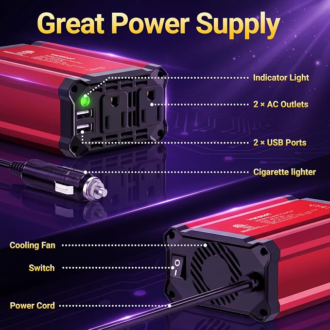 300W Car Power Inverter - vansoet DC 12V to 110V AC(2 Outlets) Power Inverters with 3.4A Dual USB Fast Charging Port - Car Charger Cigarette Lighter Adapter for Laptop/Phone/Road Trip (Red)