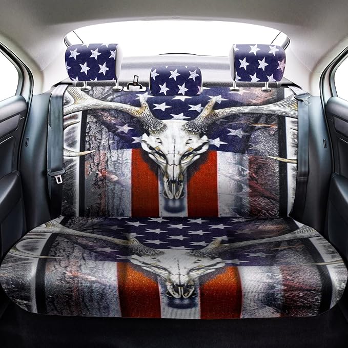 American Flag 25 PCS Patriotic Seat Covers - Skull Camo Car Accessories - 4th of July Steering Wheel Cover, Tire Valve Stem Caps, Cup Holder, Armrest Pad, Seatbelt Pads, Wrist Strap