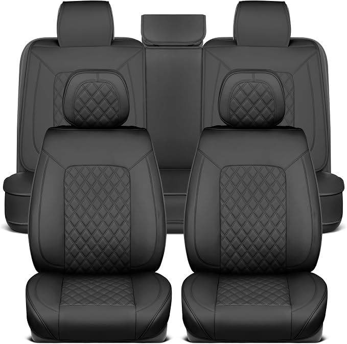 MotorBox Prestige Faux Leather Seat Covers - Semi-Custom Fit Car Seat Covers Full Set - Seat Covers for Trucks & SUV PU Leather Car Seat Covers - 2 Front Seat Interior Covers & 1 Back Bench Seat Cover