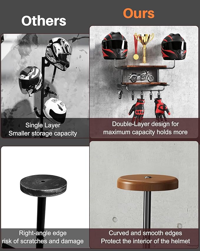 Motorcycle Helmet Holder Wall Mount, 2-Tier Helmet Rack with 2 Hat Stands, Motorcycle Accessories Gear Storage Organizer Display for Men Jackets, Caps in Garage, Living Room (Rustic Brown)