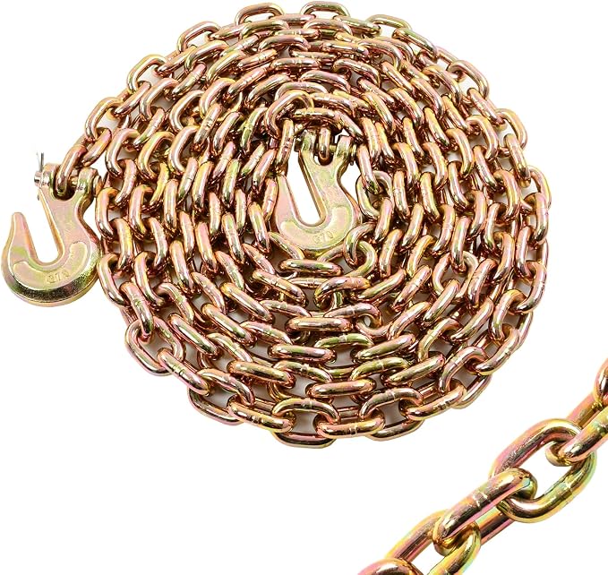 Heavy Duty G80 Transport Binder Chain 1/2'' Inch x 20 Feet,Tow Chain with G70 Clevis Grab Hooks,12000 lbs Safe Working Load Logging Chain for Transporting, Towing(1/2'' x 20FT Yellow).