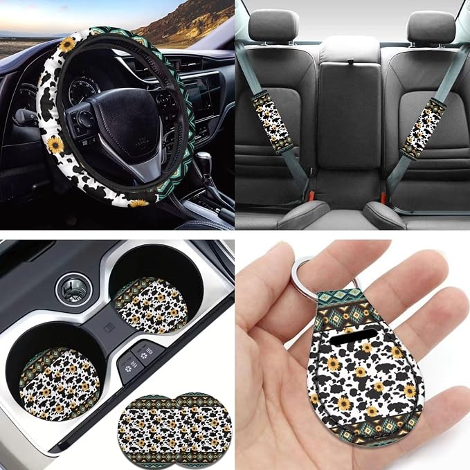 Aztec Cow Geometric Seat Covers for Car,11Pack Cow Auto Seat Covers for Front Back,Universal Fit Most Vehicle Truck SUV,Auto Steering Wheel Cover Seatbelt Pads Keychain Cup Holder Coasters