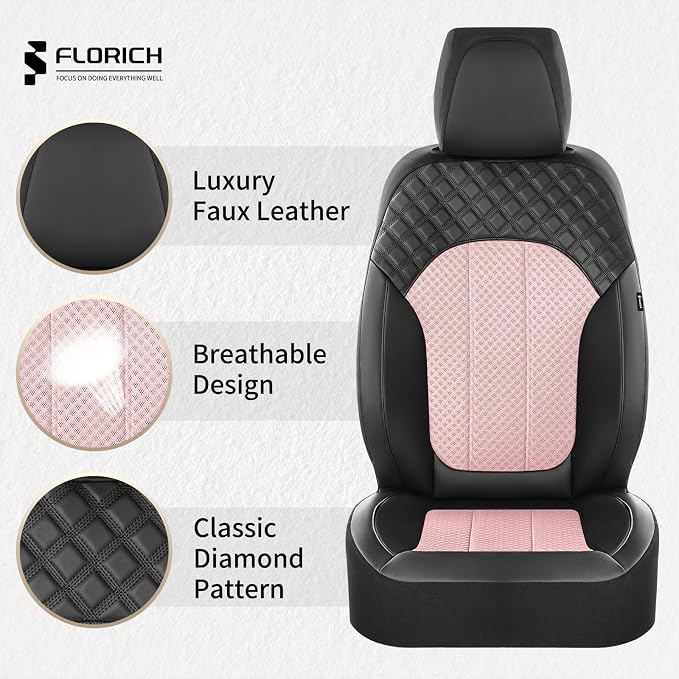 FLORICH Pink Car Seat Covers Full Set Leather Mesh Front and Rear Seat Cover Automotive Seat Cushion 5-Seat Driver Seat Covers Protector Universal Fit for Most Car SUV Sedan Truck, Black&Pink
