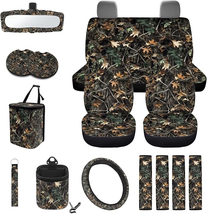 Hunting Camo Print Full Set Car Seat Cover, Steering Wheel Cover, Mirror Cover, Seat Belt Cover, Trash Can, Keychain, Coasters, 15pcs Car Interior Decoration
