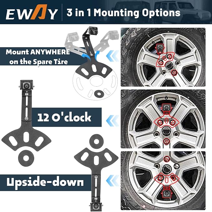 EWAY Light 2.0 Spare Tire Backup Camera with 10FT 4PIN Extension Cable for Jeep Wrangler JK Compass Commander Patriot Liberty 2007-2018, Reverse Camera w/Upgrade Ajustable Brackets for Flexible Angle