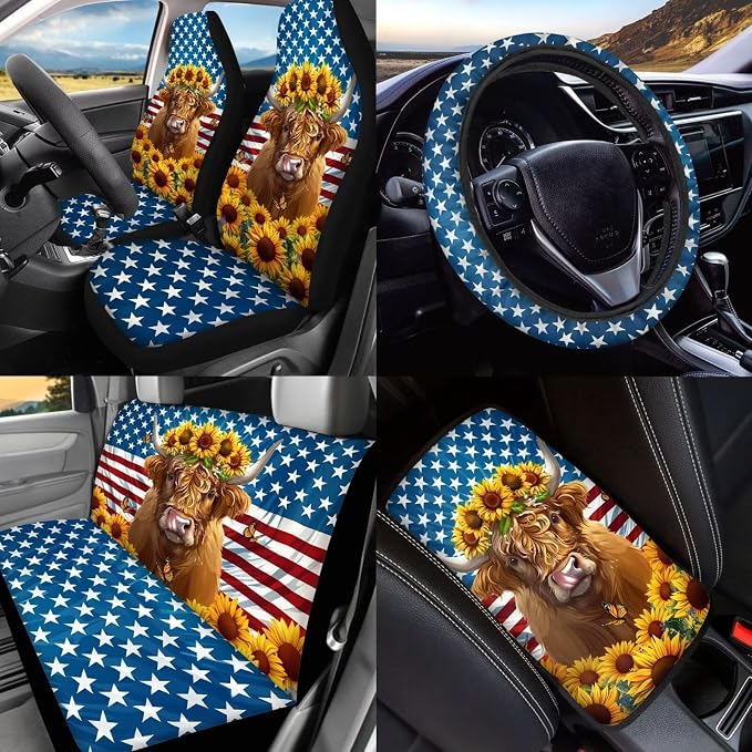 BIGCARJOB Highland Cow Print Car Seat Cover Set for Front and Rear,15 Pcs Sunflower Car Seat Interior Accessories Full Set with Seat Belt Pads,Car Seat Head Rest Protective Cover,Auto Garbage Bag