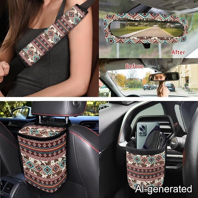 Dreaweet Aztec Brown Cow Seat Covers for Cars Full Set Native American Tribal Car Accessories Steering Wheel Cover Seat Belt Pads Coasters Trash Bag Air Vent Storage Bag Rearview Mirror Cover Keychain