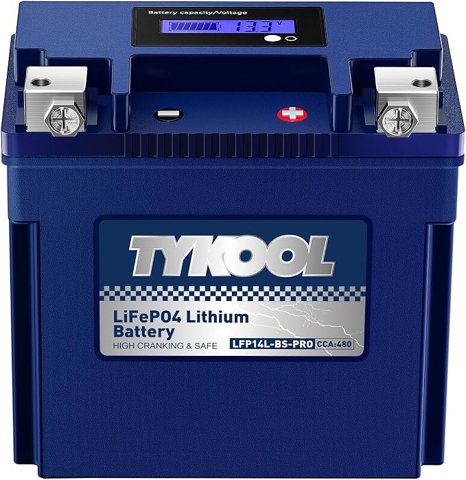 TYKOOL YTX14L-BS [- +] Lithium Battery 480 CCA for Harley Davidson Sportster 883 1200 Iron 48 XL XLH 2004-2023 Street 500 750 2014-2021 XR1200X BRP Seadoo Spark | Digital SOC Display IP67 Waterproof