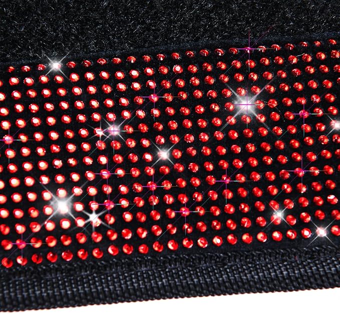 CAR PASS Diamond Bling Leather Seat Covers Set Car Floor Mats Glitter Rhinestone Steering Wheel and Car Interior Accessory Set for Women Red