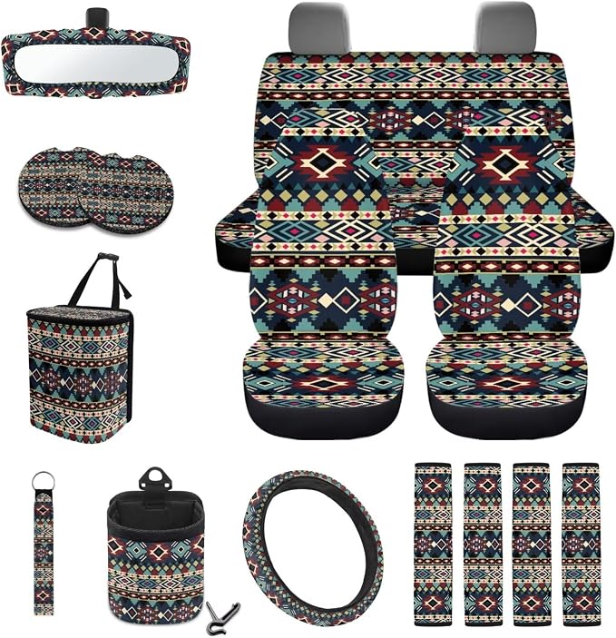 Wanyint 15 PCS Car Seat Covers Set for Women, with Steering Wheel Rear View Mirror Cover Seat Belt Pads Trash Bin Sunglass Pocket Coasters Key Chain Car Accessories, Southwest Aztec Dark Blue Red