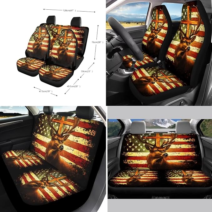 Suobstales Deer Cross American Flag Print Car Seat Covers 11 Pcs Car Accessories Interior Set Auto Front Rear Split Seats Protectors with Steering Wheel Cover, Seatbelt Pads, Cup Holder, Keychain